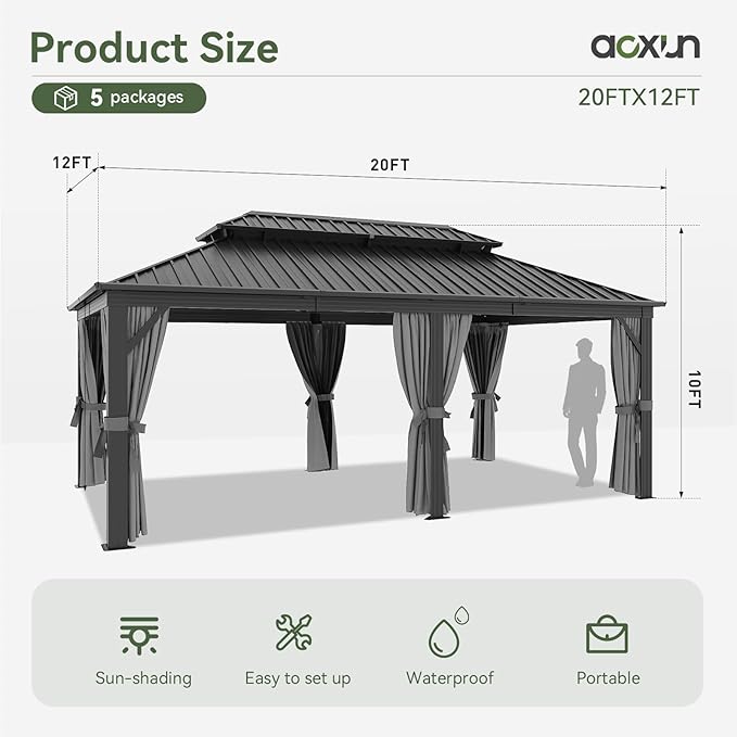 Aoxun 12' X 20' Hardtop Gazebo, Galvanized Steel Double Top, Aluminum Metal Gazebo with Curtains and Netting, Permanent Canopy Pavilion for Wedding, Party, Outdoor Dining Aoxun