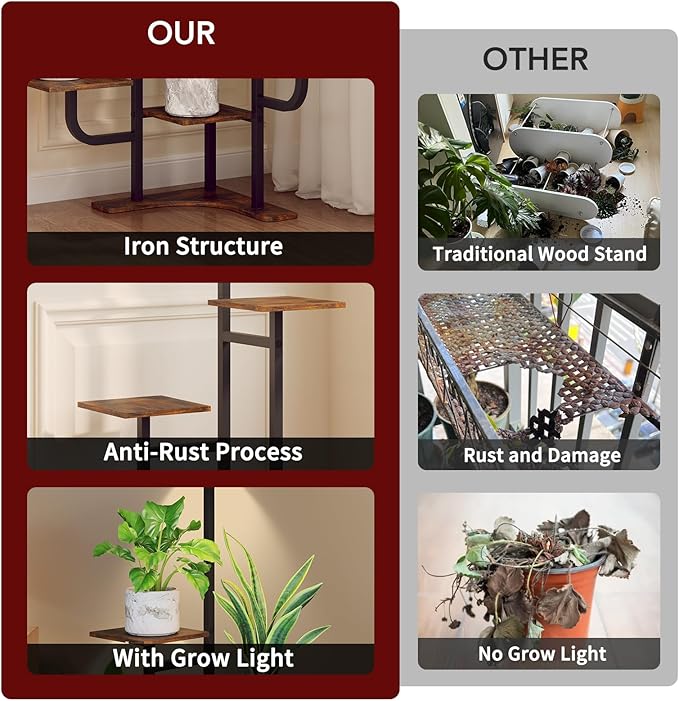 Corner Plant Stand with Grow Light - 6 Tier Plant Stand Indoor Square Metal Plant Shelf with Adjustable Light, Plant Organizer for Living Room, Graden, Home Decor (Brown) Homsorout