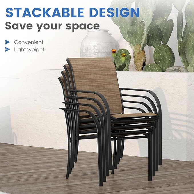 VICLLAX 5 Pieces Patio Dining Set for 4, Outdoor Furniture Set Includes 40.7" Round Patio Table and 4 Patio Stackable Chairs, Walnut Tabletop and Brown Fabric HOME