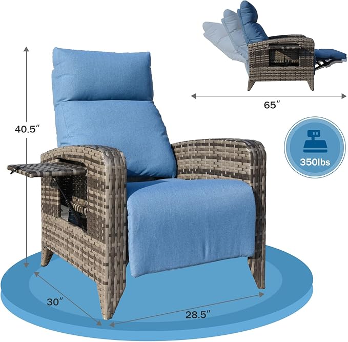 Upgraded Outdoor Recliner Chair, Reclining Patio Chairs with Adjustable Back up to 150°Lay Flat and Extended Footrest, Wicker Recliner Chairs with Flip Table and Removable Olefin Cushion zzw