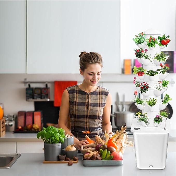 Vertical Hydroponic Tower Garden Growing System - Indoor Planter Kit with 30 Pods, Aeroponic-Style Tower for Herbs, Vegetables, Lettuce & Strawberries, Home Countertop Grow System, White Rootora