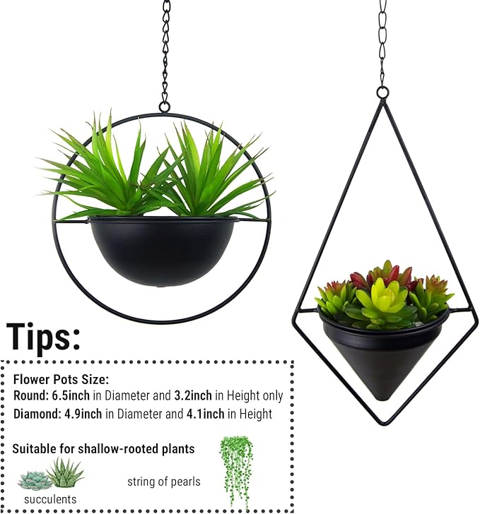 Metal Hanging Planters, Modern Plant Hanger with Pots, Set of 2 Black Plant Holders in Diamond and Round Shape, Small Wall and Ceiling Planter for Indoor Plants, Home Décor- Black HemePaha