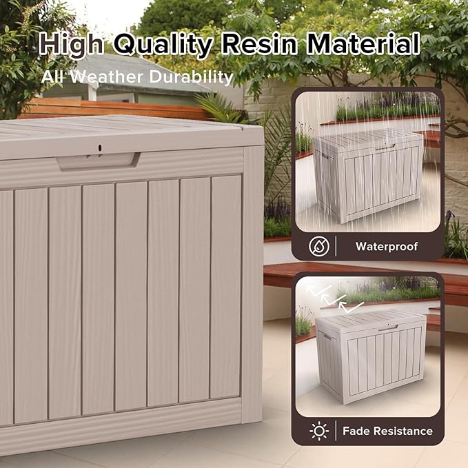 ROJIK Outdoor Storage Housing Deck Box - Waterproof Patio Furniture, Garden Tools, Cushions, Pool Accessories Storage Bench with Lockable Lid and Side Handles (Grey, 45 Gal) ROJIK