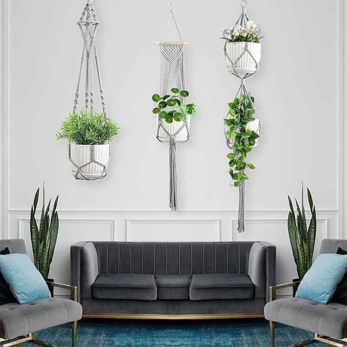 Macrame Plant Hangers, 6Pack Hanging Plant Holders Indoor w/ 6 Set Hooks Handmade Cotton Rope Plant Hangers Set Flower Pots Holder Stand Boho Home Decor Hanging Planters for Indoor Outdoor Plants TAOZIM