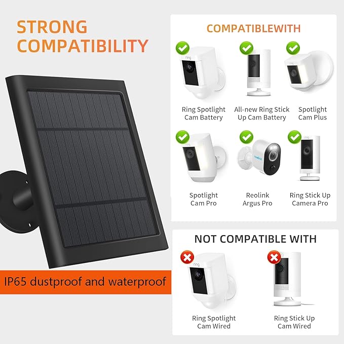 USB-C to Ring Barrel Plug 8Pack 4W Solar Charger for Ringing Spotlight & Stick Up Outdoor Cam, Black, High Efficiency, 10FT/3M Long Cable with IP65 dustproof and Waterproof Paodekua