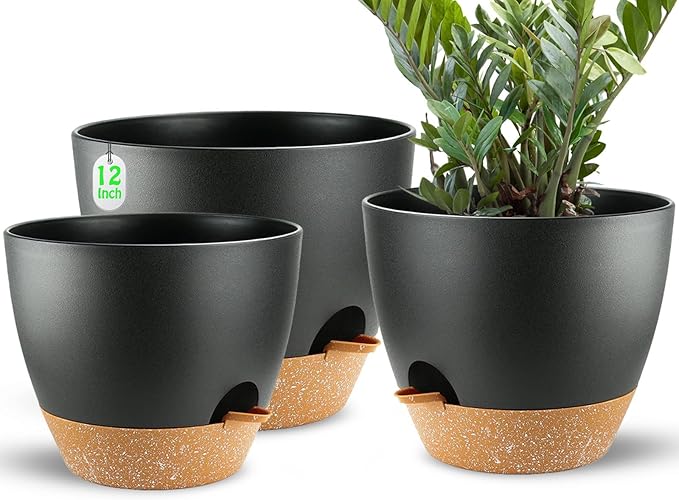 Large Self Watering Planters Plant Pots Outdoor 9/10/12 Inch for All House Plants Black Plastic Flower Pots with Drainage Hole Flower Pots for Indoor Plants Gift Idea for Home Decor SESUN-E