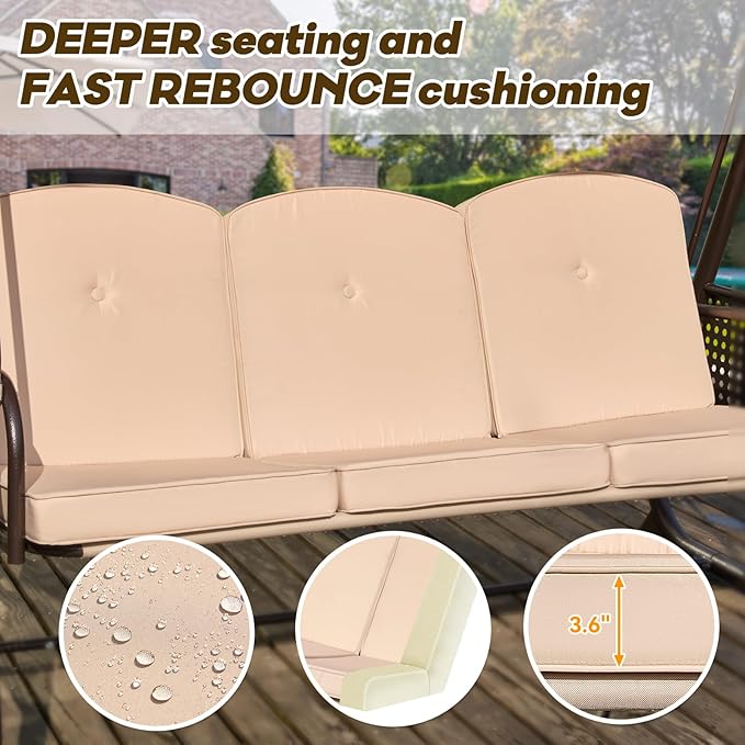 3 in 1 Outdoor Porch Swing with Adjustable Canopy, 3 Seat Outdoor Swing for Adults, Patio Swing Chair with Thickened Cushions,Pillows & Cup Holders for Backyard, Porch, Garden (Khaki) YALISSEY