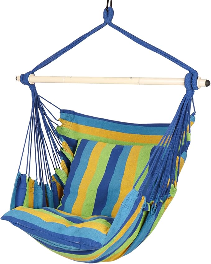 Highwild Hammock Chair Hanging Rope Swing - Max 500 Lbs - 2 Cushions Included - Steel Spreader Bar with Anti-Slip Rings - for Any Indoor or Outdoor Spaces (Blue Striped) Highwild