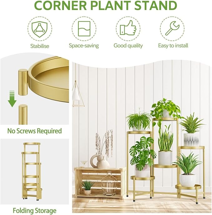 iDavosic.ly 6 Tier Large Plant Stand Indoor, 10 Inch Wide Tall Corner Metal Plant Stands Outdoor for Multiple Plants, Folding Tiered Flower Display Holder Rack Shelf, Gold iDavosicly