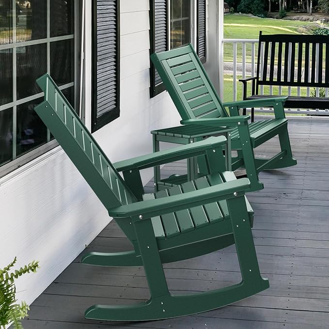 GREENVINES Outdoor Rocking Chair Set | 3-Piece | 2 Rocking Chairs with 1 Side Table | Porch Rocker | HDPE Plastic | Forest | Patio Furniture Sets | High Back | Big & Tall | Ladder Back GreenVines