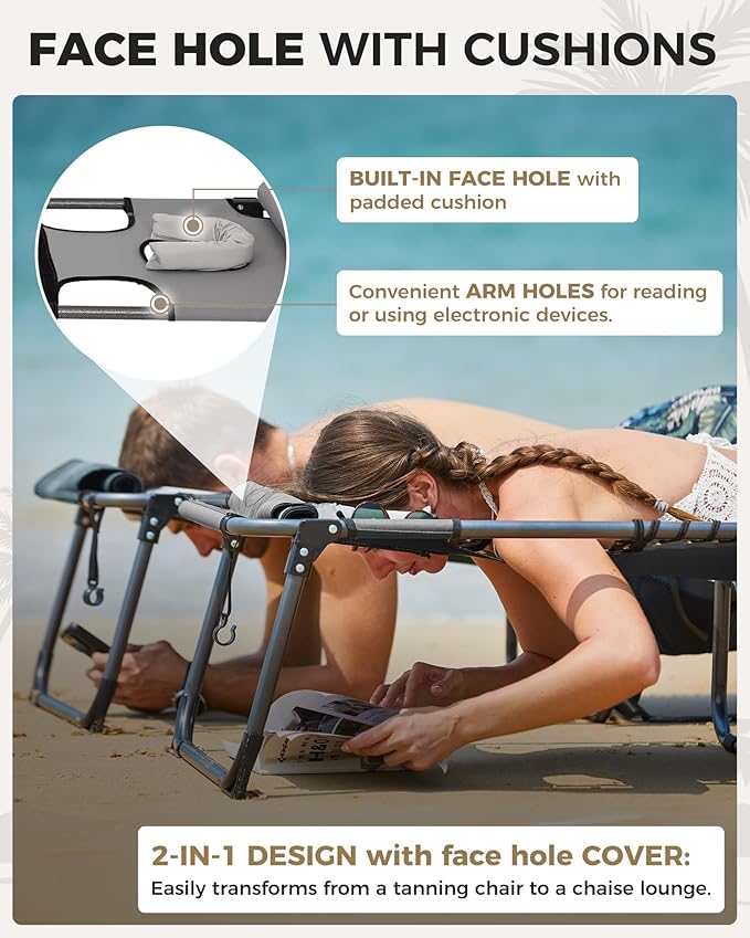 KingCamp 2 Pack Tanning Chair with Face Hole, Lounge Chairs Outdoor Folding Comfy Adjustable 5-Position Foldable Chaise Chaser with Canopy Shade for Outside Beach Patio, Grey KingCamp