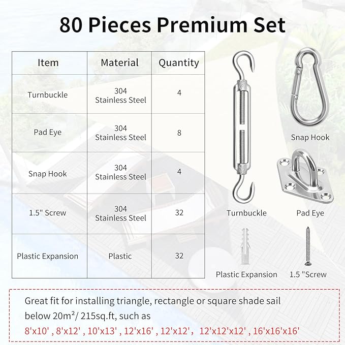 Sun Shade Sail Hardware Kit 6 Inch for Rectangle & Triangle Shade Sail Install, Stainless Steel ShadeSail Fixing Accessories for Outdoor Patio Canopy Garden, Heavy Duty Awning Attachment 80 Set HYASIA