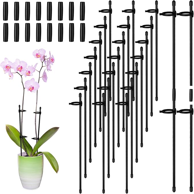 meekoo 30 Pcs Adjustable Garden Plant Support Stakes Single Stem Plant Cage Support Rings with Clips and Connect Pipe for Orchid Rose Tomato, 12 Inch (Black) meekoo