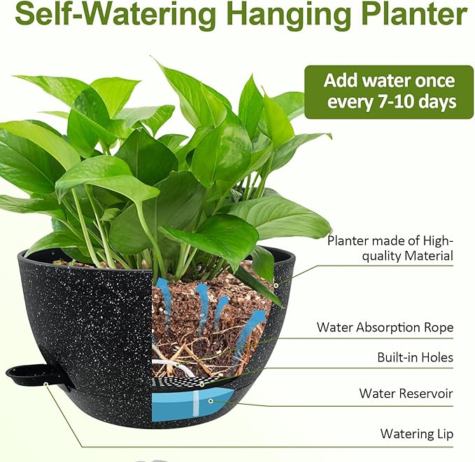 WOUSIWER Self Watering Hanging Planters, 2 Pack 12'' Plastic Pots with Drainage Holes & Reservoir Tray (Speckled Black) | Indoor & Outdoor Use for Ferns, Ivy, Herbs, Succulents WOUSIWER