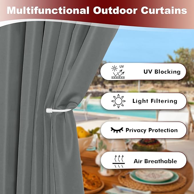 HolidayIdeas Grommet Top Outdoor Curtains for Patio Waterproof 8 Pcs All Weather Balcony Outside Curtain Panels for Apartments, Gazebo, Pergolas, Porch, 54x120 Inch, Grey HolidayIdeas