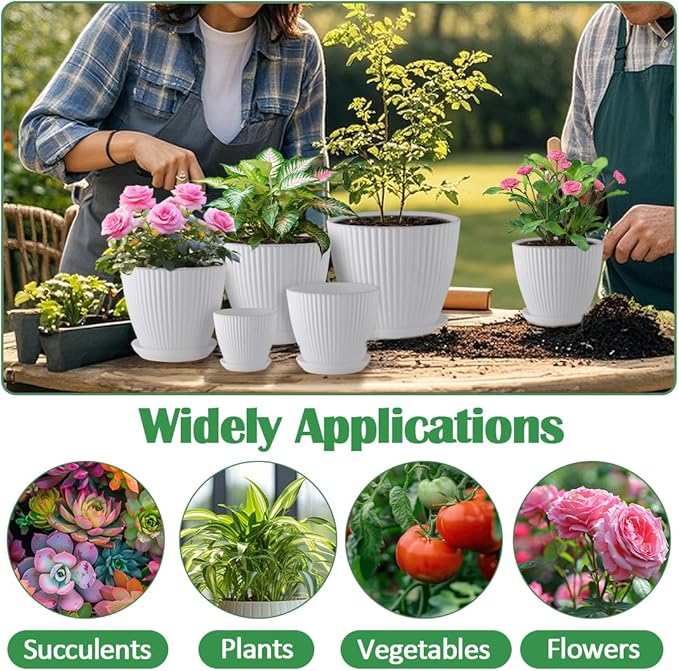 7.5/6.5/5.5/4.9/4.2/3.5 Inch Plant Pots with Drainage Holes and Saucer, Plastic Flower Pots for Indoor Plants, Lightweight Planter Pots for Plants, White RooTrimmer