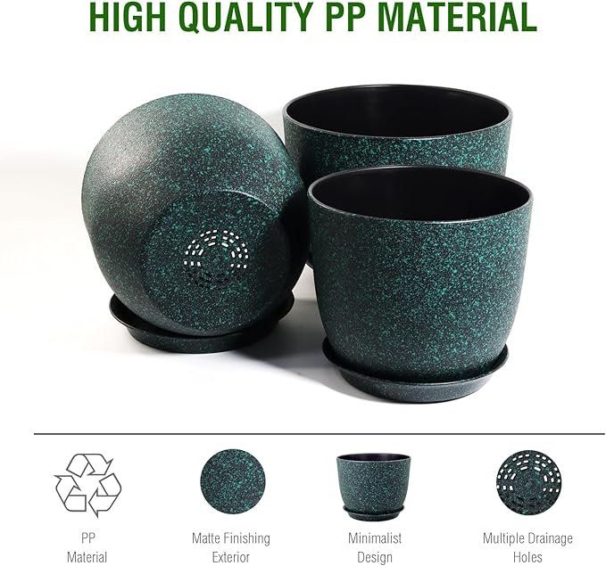 Large Flower Pots 12/10/9 inch, Set of 3 Decorative Plastic Planters with Drainage Holes and Saucers for Garden House Plants, Plant Pots for Indoor Outdoor Plants, Black with Green Speckles WSMKSZ