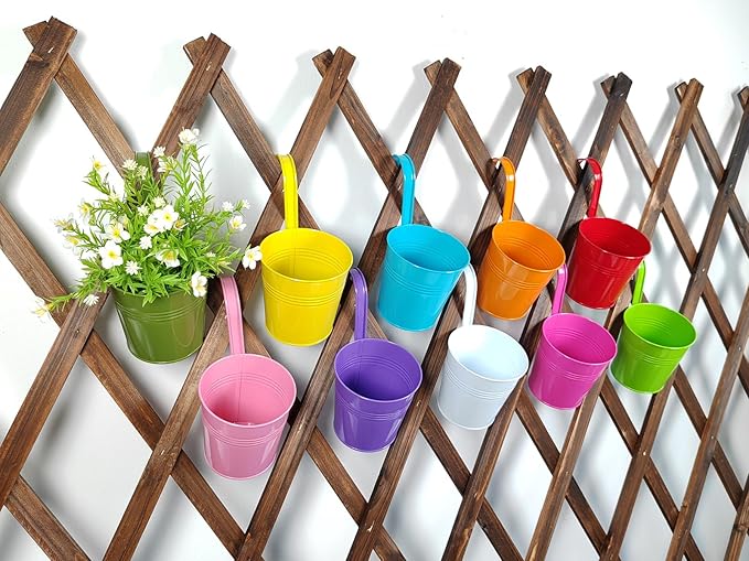 6 Inch Hanging Planters for Outdoor Plants, 10 Pack Metal Railing Planter, Rail Balcony Fence Flower Pot with Detachable Hooks, Colorful Garden Decor JOYFERNAL