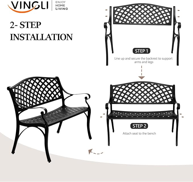 VINGLI 40.5" Patio Garden Bench,Anti- Rust Cast Iron Cast Aluminum Frame for Outdoor Path Yard Lawn Work Entryway Decor Deck (Black) VINGLI