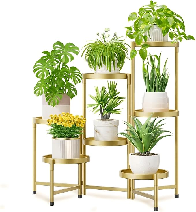 iDavosic.ly 7 Tier Large Plant Stand Indoor, 10 Inch Wide Tall Corner Metal Plant Stands Outdoor for Multiple Plants, Folding Tiered Flower Display Holder Rack Shelf, Gold iDavosicly
