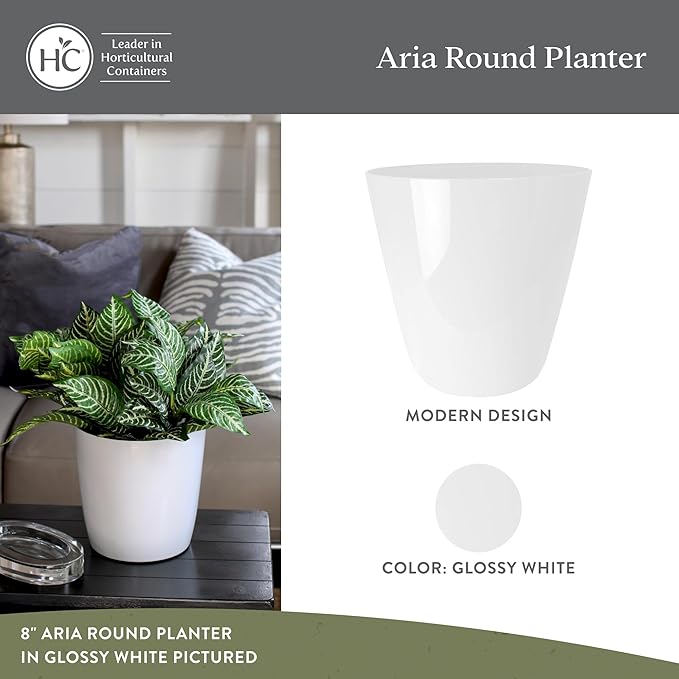 The HC Companies Aria Round Self-Watering Pot - Lightweight Plastic Planter for Herbs & More - Durable Plant Pots for Indoor Plants & Outdoor Plants (8" Glossy White, Pack of 2) TheHCCompanies