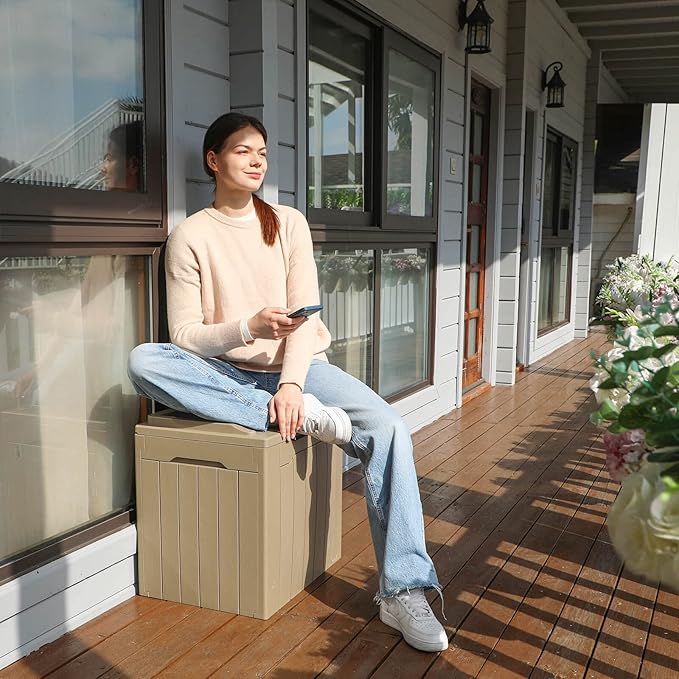 Patiowell 30 Gallon Resin Deck Box, Outdoor Storage Box for Patio Furniture, Deliveries, Pool Supplies,Waterproof and Lockable, Light Brown Patiowell
