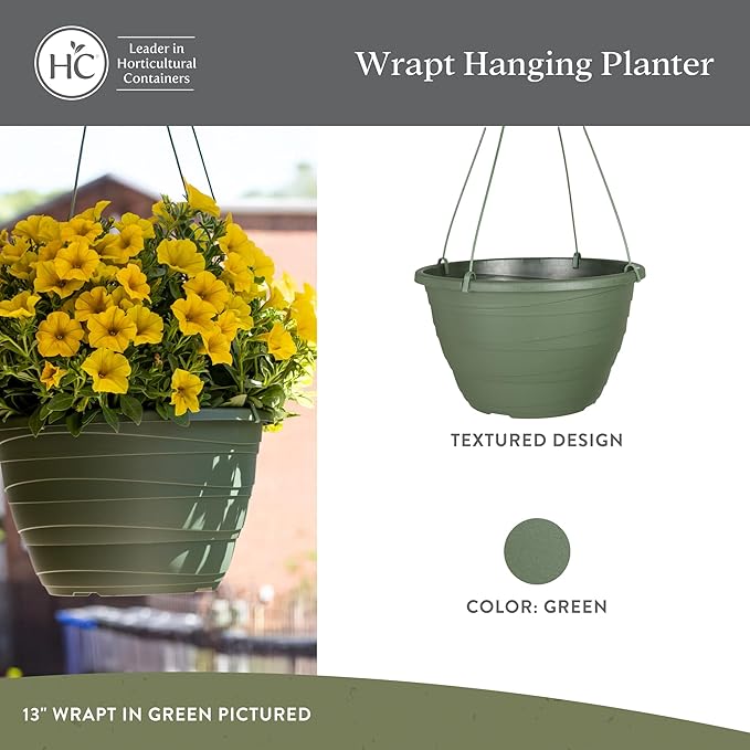 The HC Companies 13 Inch Wrapt Hanging Planters, Lightweight UV-Resistant Plastic Hanging Planters for Indoor & Outdoor Plants, 2-Pack Hanging Flower Pots for Garden, Patio & Home Decor, Green TheHCCompanies