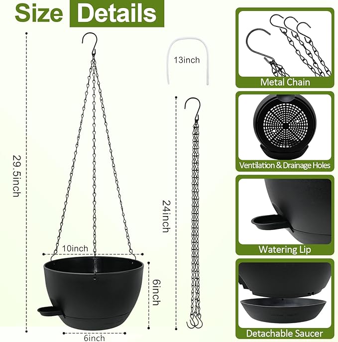 WOUSIWER Self Watering Hanging Planters, 2 Pack 10'' Plastic Pots with Drainage Holes & Reservoir Tray (Black) | Indoor & Outdoor Use for Ferns, Ivy, Herbs, Succulents WOUSIWER