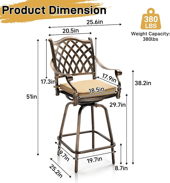 VINGLI Outdoor Swivel Bar Stools Set of 2, Cast Aluminum All-Weather Patio Bar Height Chairs, Patio Bar Dining Chairs Outdoor Swivel Patio Furniture (Grid Back) VINGLI