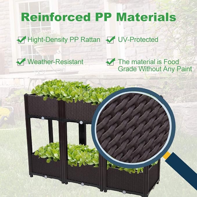 VINGLI Square Raised Garden Bed, Self-Watering Plastic Planter for Indoor Outdoor Vegetables, Fruits, Potato, Flowers, All Weather (6 Pcs) VINGLI