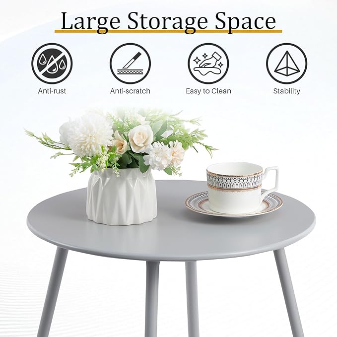 HollyHOME Round Metal Side Table, Rust-Resistant Patio Small Plant Stand, Outdoor 17.32'' Portable End Table for Balconies, Gardens, Living Rooms and Bedrooms, Grey HollyHOME
