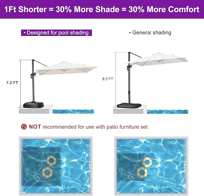 PURPLE LEAF 8' X 8' Patio Umbrella with Wheeled Base for Pool 7' High Offset Outdoor Cantilever Umbrella Swimming Pool Umbrella with 360°Rotation for Poolside Beige PURPLELEAF