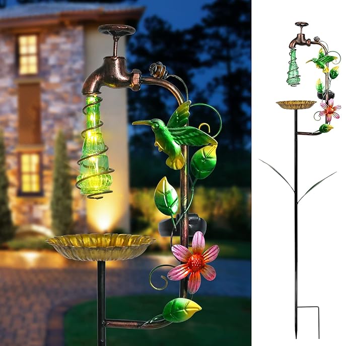 Bshine Solar Garden Decoration Outdoor Light - Waterdrop Metal Hummingbird Solar Stake,Waterproof Garden Decor Path,Lawn and Yard Art Gift for Mom, Green Bshine