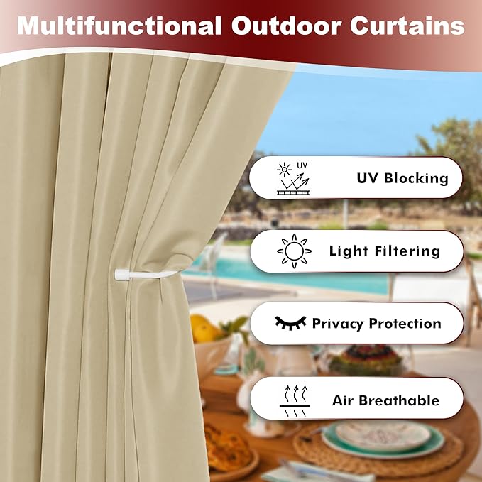 HolidayIdeas Grommet Outdoor Curtains for Patio Waterproof 8 Pcs All Weather Balcony Outside Curtain Drapes for Apartments, Gazebo, Pergolas, Porch, 54x84 Inch, Cream HolidayIdeas