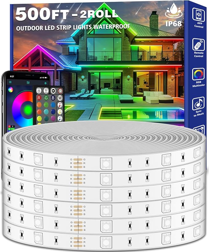 zoegi 500ft Outdoor LED Strip Lights Waterproof,Music Sync RGB IP68 Outside Led Light Strips Waterproof with App and Remote,Exterior Led Rope Lights for Deck,Balcony,Roof,Garden,Pool (500FT) Rootora