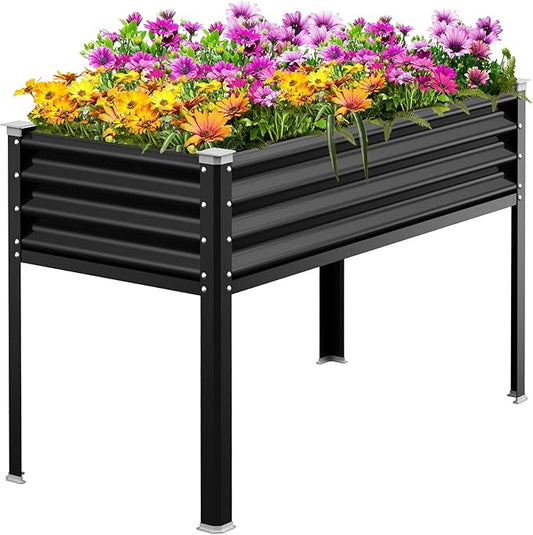 Raised Garden Bed with Legs, 48×24×32in Galvanized Raised Garden Beds Outdoor Elevated Metal Planter Box for Gardening Vegetables Flowers Herb （Black） Patiobay