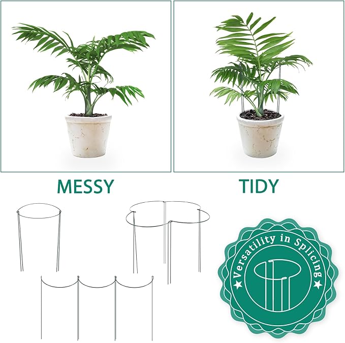 16 Pack 24 inch Plant Support Stakes, Half Round Peony Cage and Support, Adjustable Plant Support Stand with Clips & Twist Tie Garden Stakes for Indoor Outdoor, Heavy Duty Plant Support Ring Linyona