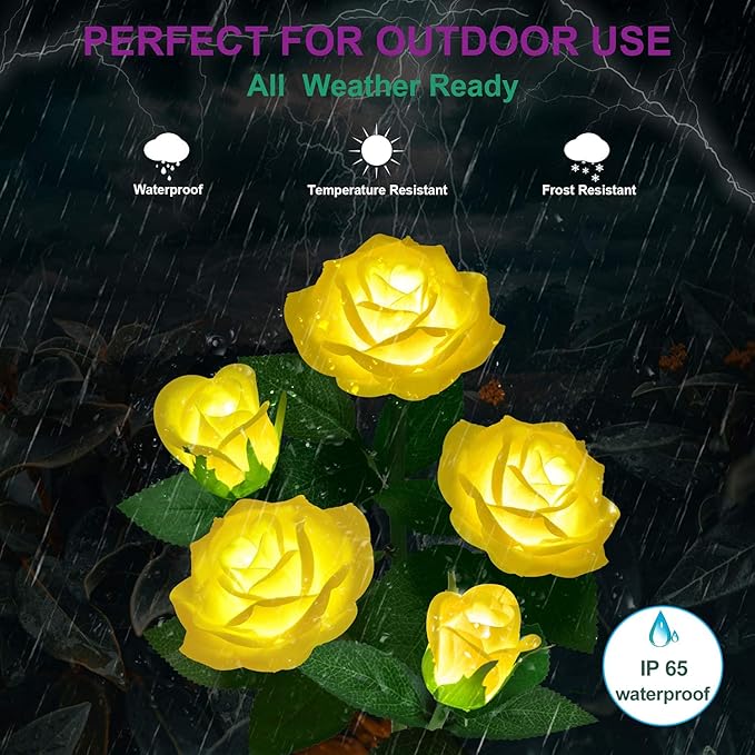 Solar Flower Lights Outdoor - Upgraded New Material Two Modes Realistic LED Solar Powered Waterproof Lights with 5 Roses, Solar Decorative Stake Lights for Garden (Yellow, 1 Pack) LightYourLife