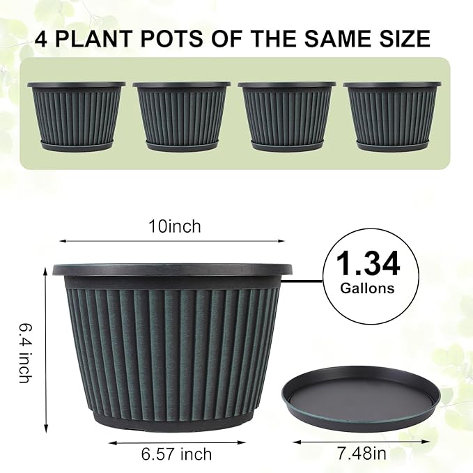 Planter-Pots-for-Plants-Indoor-Outdoor, 4 Pack 10 Inch Plastic Flower Pots with Saucer & Drainage Holes, Modern Garden Planters for Planting Medium Large Plants，Decorative Resin Garden Pots Myfeegoin
