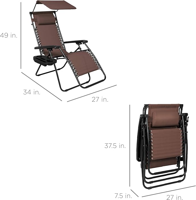 Best Choice Products Folding Zero Gravity Outdoor Recliner Patio Lounge Chair w/Adjustable Canopy Shade, Headrest, Side Accessory Tray, Textilene Mesh - Brown BestChoiceProducts
