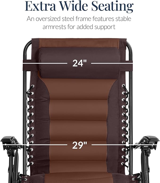 Best Choice Products Oversized Padded Zero Gravity Chair, Folding Outdoor Patio Recliner, XL Anti Gravity Lounger for Backyard w/Headrest, Cup Holder, Side Tray, Polyester Mesh - Espresso/Brown BestChoiceProducts