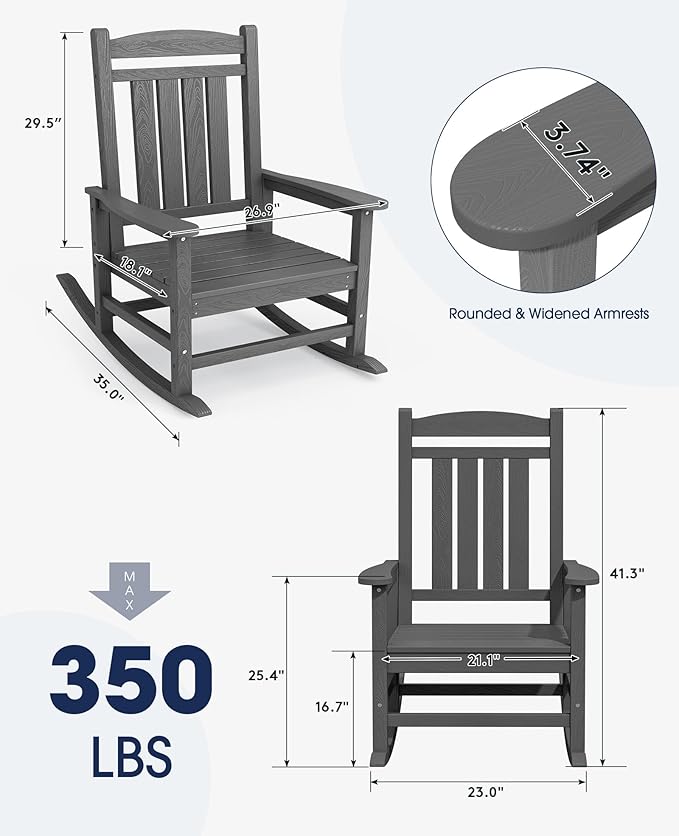 KINGYES HDPE Outdoor Rocking Chair, Widened Seat Patio Rocking Chair, Oversized All Weather Patio Rocker, Gray KINGYES