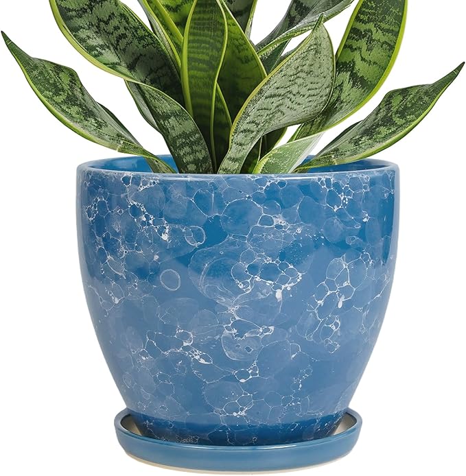 Ceramic Pots for Plants - 6.3 Inch Planter with Drainage Hole and Plant Tray, Decorative Succulent Pot, Round Flower Planter for Indoor, Garden Living Room Decor, Gifts for Plant Lovers, Blue EPFamily