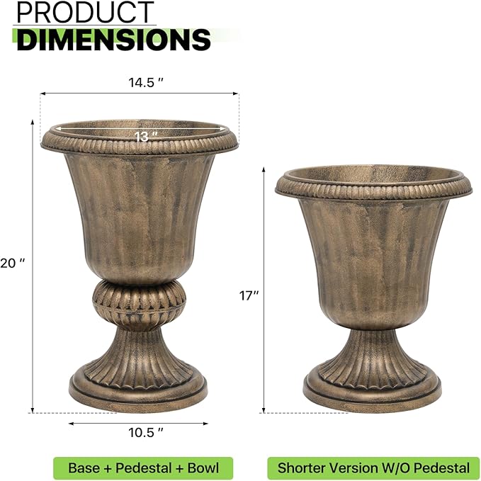 Magshion 20" Urn Planter for Outdoor and Indoor Plants, Large Decorative Front Porch Planter, Vintage Grecian Flower Pot for Patio, Garden & Entryway Décor, Antique Brass Magshion