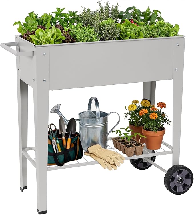Elevated 32" Tall Raised Garden Bed with Legs and Wheels for Mobility, Metal Planter Boxes Outdoor with Shelf, Raised Bed for Gardening Vegetables/Herbs, Backyard, Patio, Balcony, Grey BIRDSINYARD