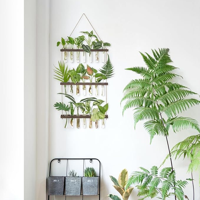 Mkono Plant Propagation Tubes, 3 Tiered Wall Hanging Terrarium with Wooden Stand & 21 Test Tube Vases for Hydroponic Plant Cutting & Home/Office Decor Mkono
