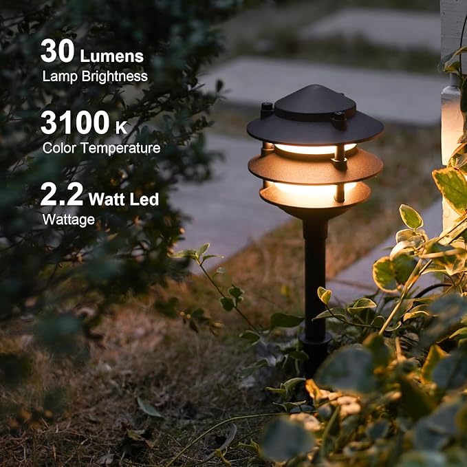 GOODSMANN Landscape Lighting 8PK Pathway Lights Low Voltage 2.2 Watt LED 12V AC Landscape Lights 30 Lumen Warm White with Cable Connectors Metal Stakes 9122-21102-08A GOODSMANN