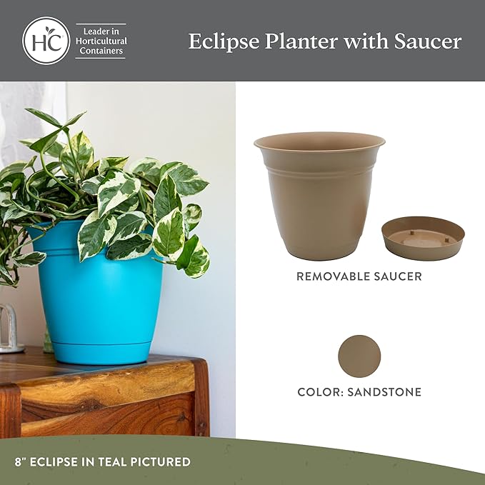 The HC Companies 12 Inch Eclipse Round Planter Pots with Drainage Holes & Attached Saucer, Lightweight UV-Resistant Plastic Indoor & Outdoor Planters, 2-Pack Flower Pots, Garden Home Decor, Sandstone TheHCCompanies