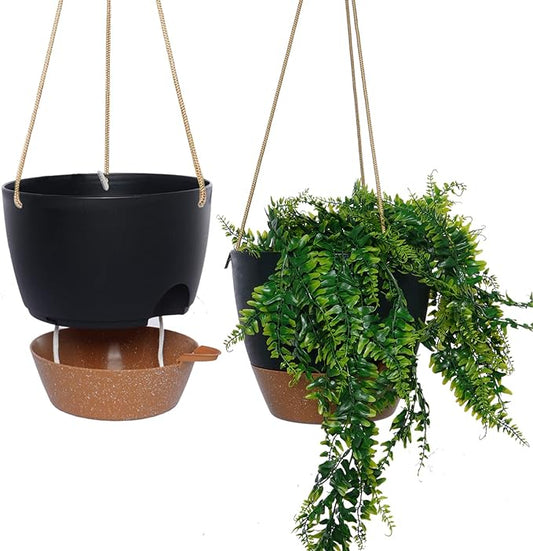 10 Inch Self Watering Hanging Pots, 2 Pack Hanging Planters with 40oZ Deep Reservior for Indoor Outdoor Plants Flowers, Black with Brown SwinDuck