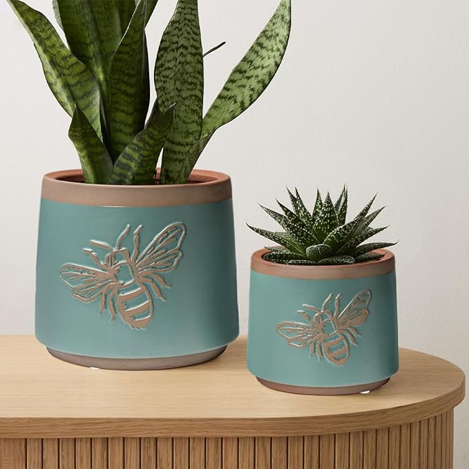 YBX Terracotta Pots with Drainage Holes, Bee Decor, Planter for Indoor Plants, Flower Pots Indoor Succulent, Herbs, Snake Plants (Turquoise, 6+4 Inch) YBXYIBOXUAN